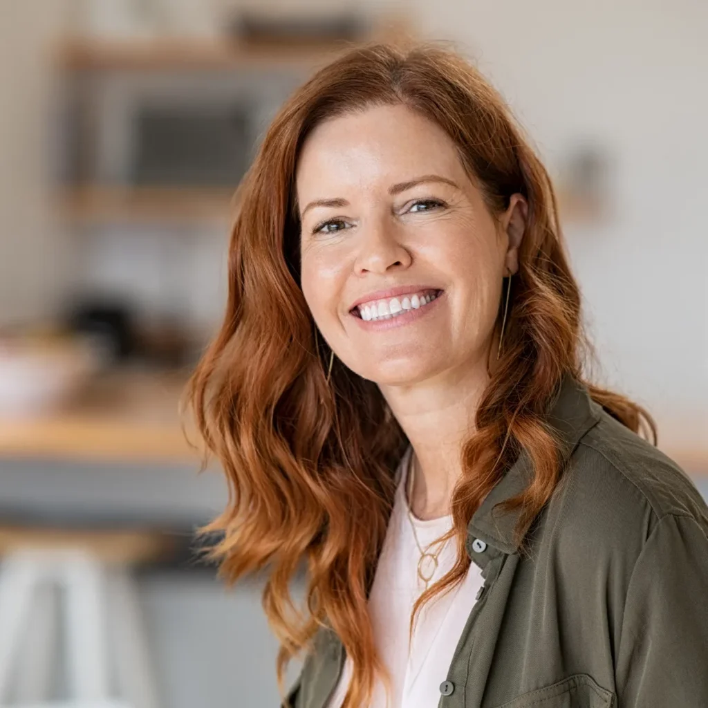 A smiling woman with wavy red hair in a warm, professional portrait.