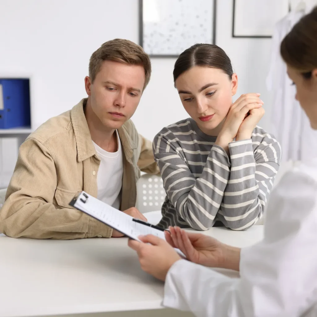 A doctor discusses medical information on a clipboard with a young couple during a consultation.